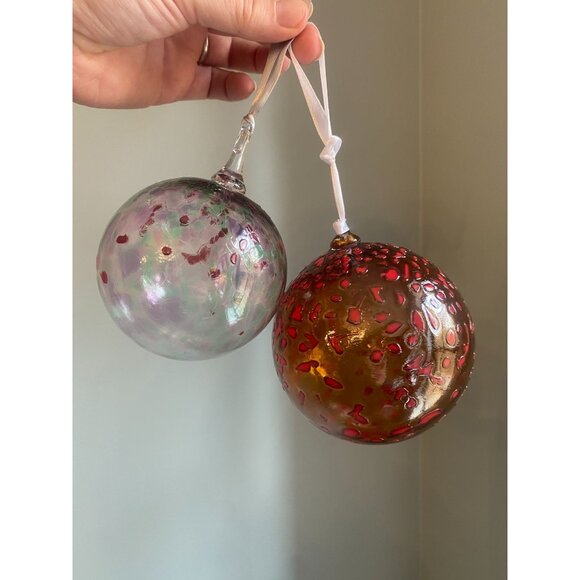 Hand Blown Glass Christmas Ornaments Large Red & Orange Bauble Set Of 2 - Picture 1 of 4